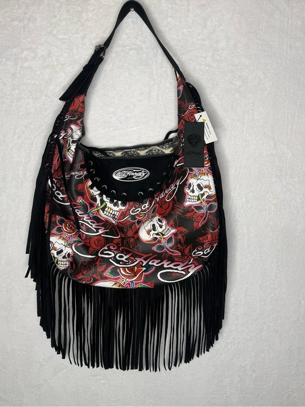 Ed Hardy Red Skull Fringe Hobo Bag NWT